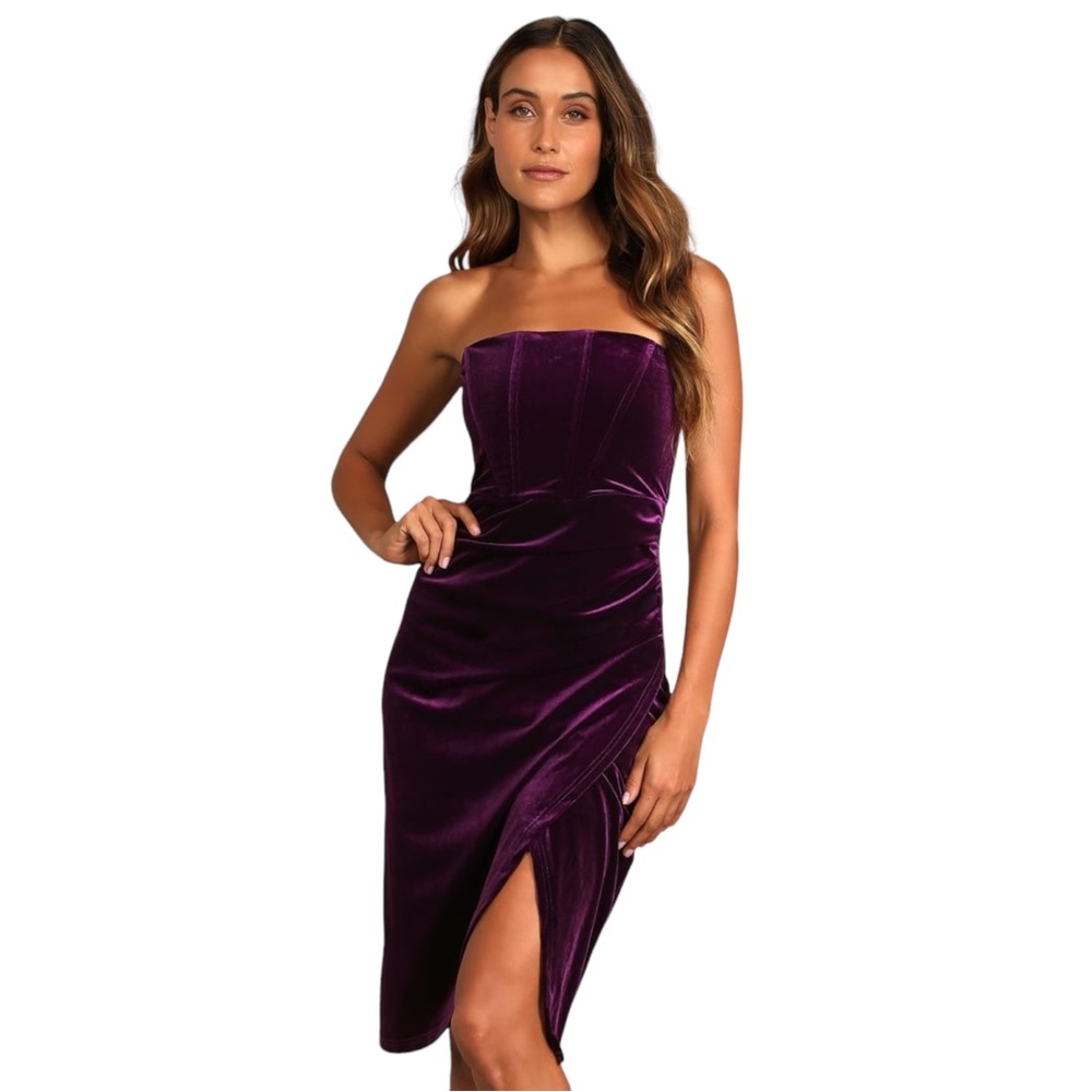 Lulus Glamorous Celebrations Dark Purple Velvet Strapless Tulip Dress Sz S